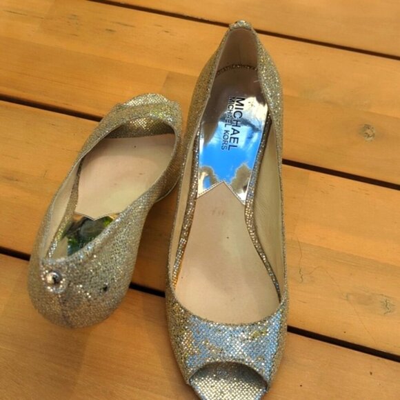 Michael Kors Silver Gold Open Toe Glitter Heels - Size 10 Great Condition - Picture 6 of 7
